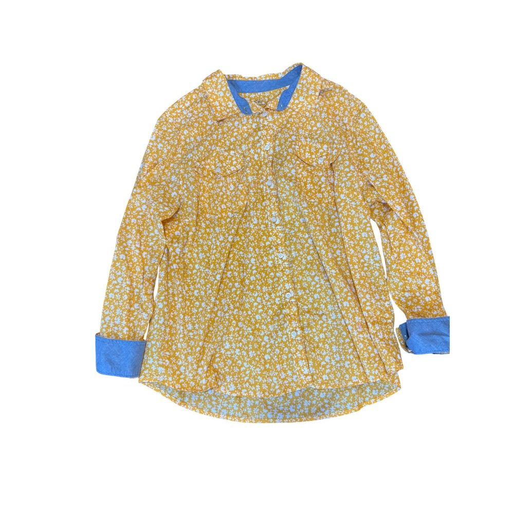 St. Johns Bay Womens Yellow Floral Button Down Shirt Chambray Trim PXXL Petite